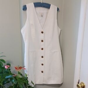 A New Day Sz L, Cotton Blend, Classic, Pure White V-Neck, Button Down Dress